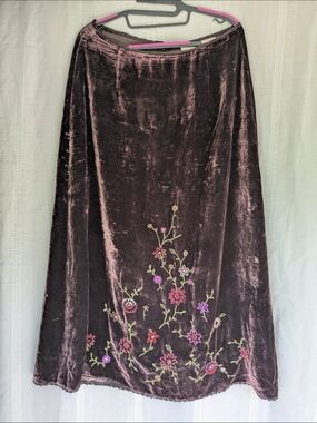 Whimsigoth Silk Blend Velvet Embroidered Floral Maxi Skirt - Plum